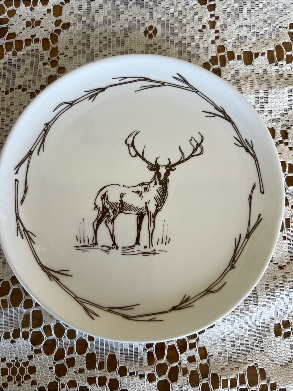 White Deer Motif Dinner Plate - Cream and Brown Accent